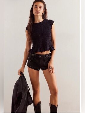 WE THE FREE SYLVIE TEE. Black Smocked Ruffle Crop Top - Feminine Textured Tee. M